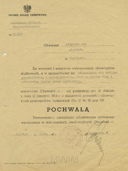 KKE 5637.jpg - Dok. Pochwała zawodowa wystawiona przez Polskie Koleje Państwowe w Olsztynie dla Jana Małyszko, Olsztyn, 7 IX 1955 r.